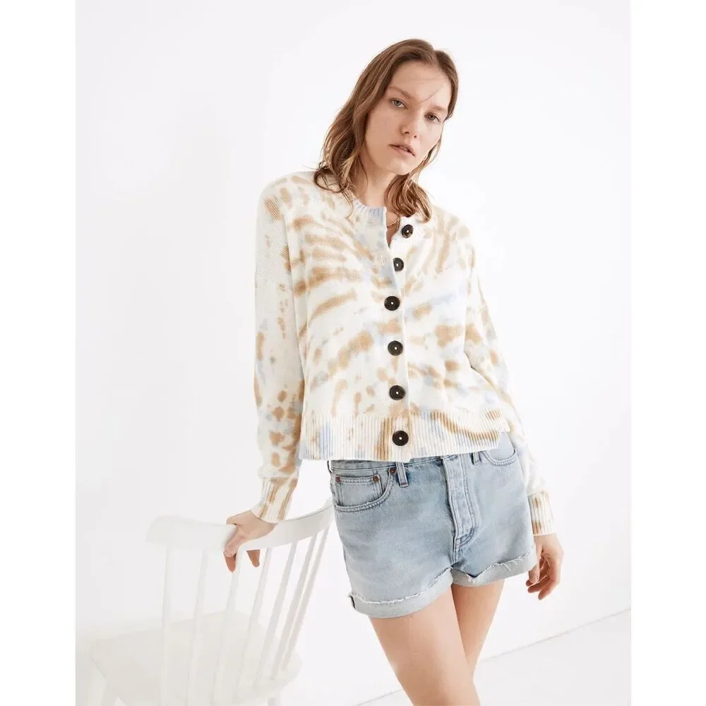 NWOT Tie-Dye Broadway Cardigan Sweater size XXS Button Front Tan Cream Blue